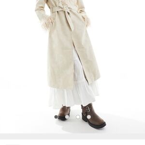 Reclaimed Vintage Chic Beige Trench Coat with Feather Details